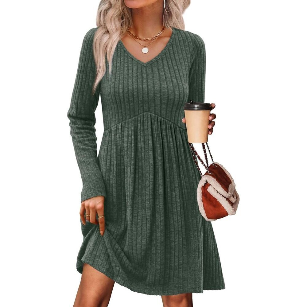 Long Sleeve Sweater Dress Fall Dresses 2025 V Neck Empire Waist Baby Doll Dresse